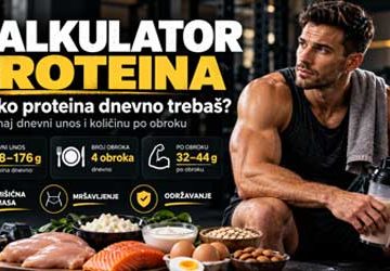 Kalkulator proteina za dnevni unos – sportaš u teretani uz proteinski shake i namirnice bogate proteinima