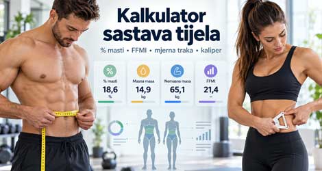 Kalkulator sastava tijela za procjenu postotka tjelesne masti, nemasne mase i FFMI ja mjernom trakom ili kaliperom