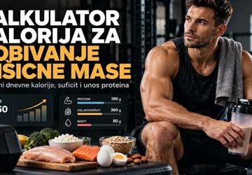 Kalkulator kalorija za dobivanje mišićne mase – sportaš u teretani uz proteinski shake i namirnice bogate proteinima