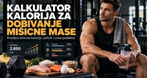 Kalkulator kalorija za dobivanje mišićne mase – sportaš u teretani uz proteinski shake i namirnice bogate proteinima 